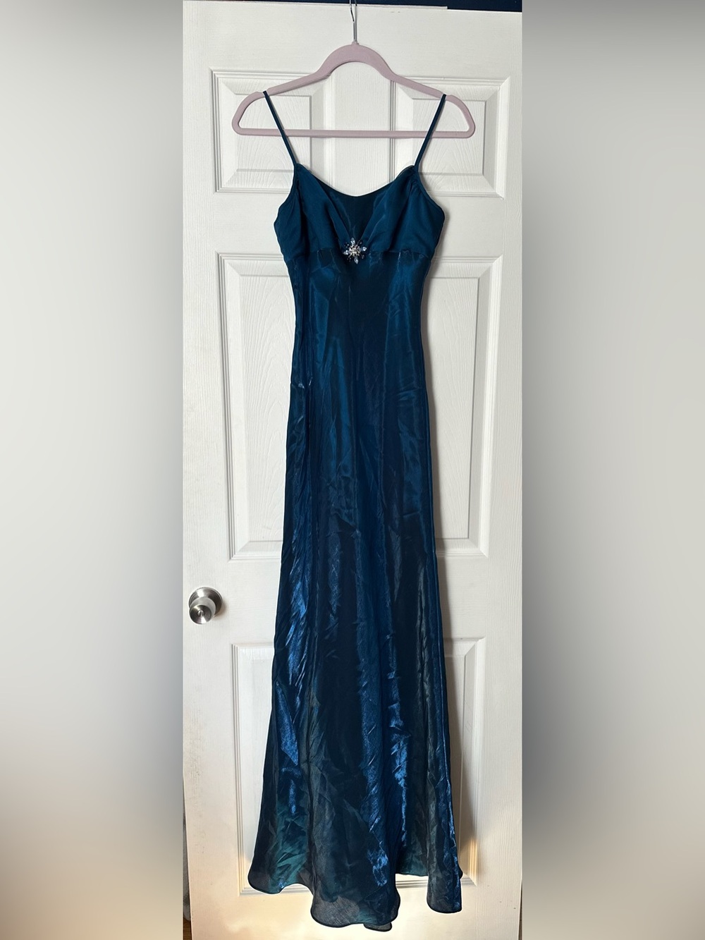 Vintage David's Bridal Teal Blue Metallic Shimmer Evening Gown Size 2 with Wrap